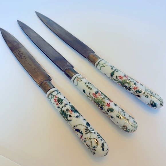 Antique Stahl Bronce Knives Germany Porcelain Brass Hand Painted Appetizer Fruit - Picture 5 of 7
